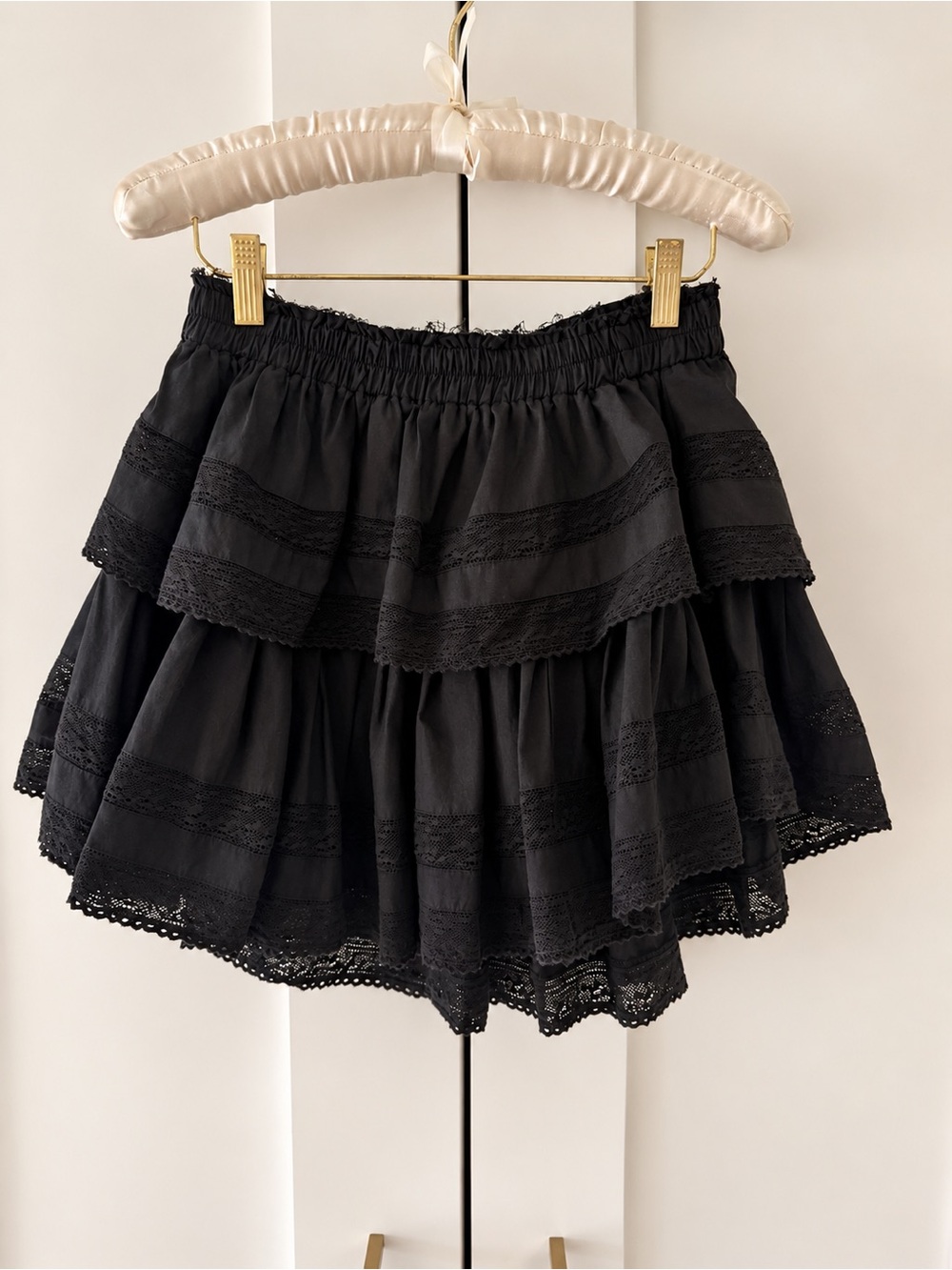 LoveShackFancy Black Ruffle Mini Skirt – Tiered Lace Trim